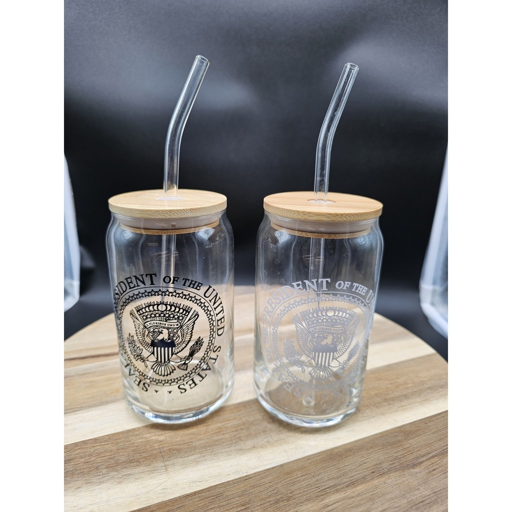 Set Of 2 Ice Coffee Glasses W/‎ Glass Straw  President Of The United States Seal